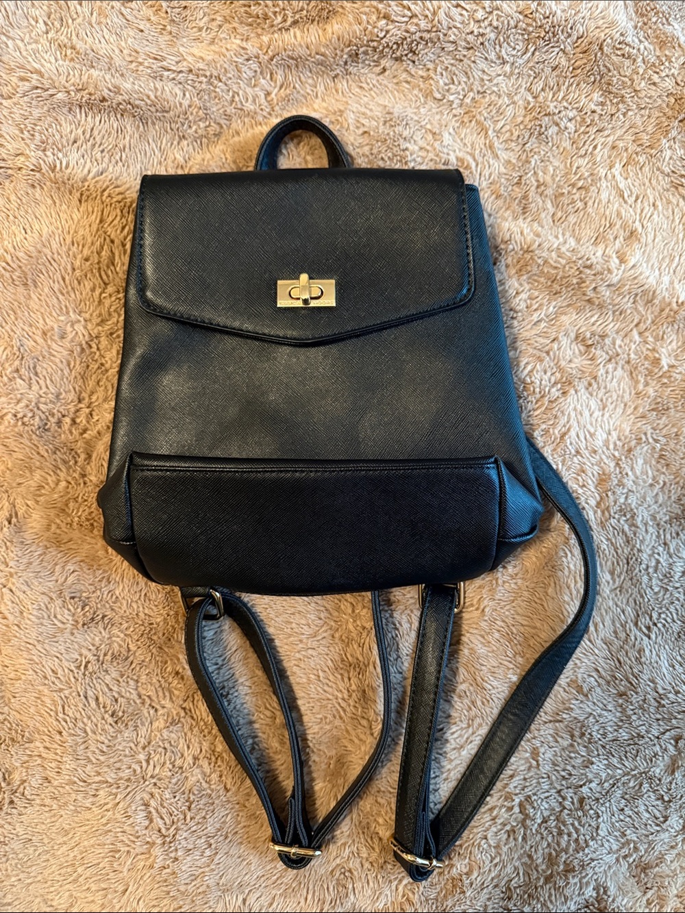 Classic Black Faux Leather Backpack with Gold Turn-Lock